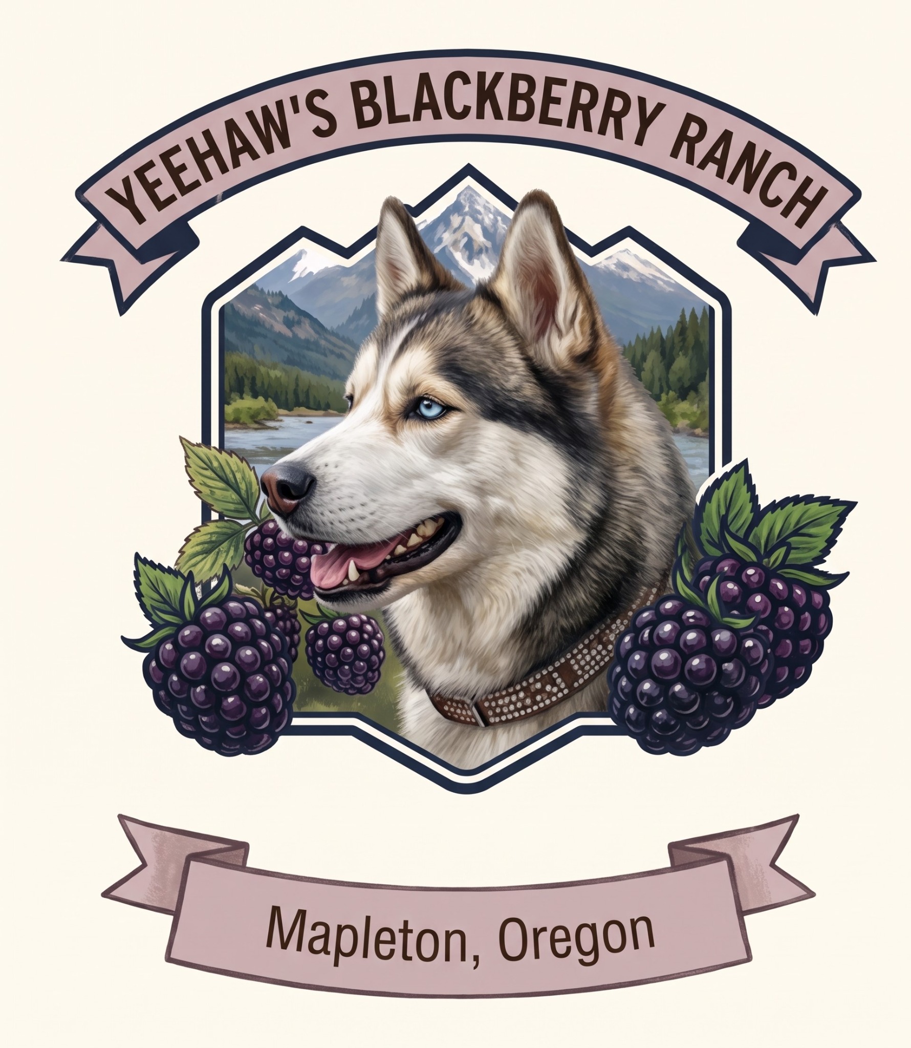 A husky surrounded by blackberries with Oregon mountains behind it